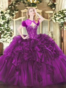 Admirable Purple Lace Up Sweetheart Beading and Ruffles Quinceanera Dresses Organza Sleeveless
