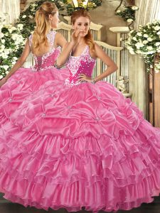  Floor Length Rose Pink Quince Ball Gowns Straps Sleeveless Lace Up