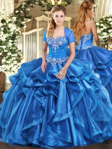  Floor Length Lace Up Sweet 16 Dresses Baby Blue for Military Ball and Sweet 16 and Quinceanera with Beading and Ruffles