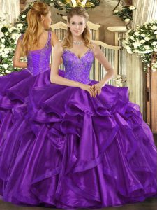  Floor Length Lace Up Vestidos de Quinceanera Eggplant Purple for Military Ball and Sweet 16 and Quinceanera with Beading and Ruffles
