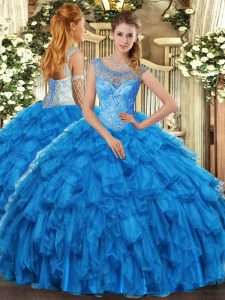 Dramatic Scoop Sleeveless Lace Up Quinceanera Dress Baby Blue Organza