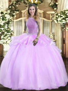 Attractive Lilac Lace Up High-neck Beading Quince Ball Gowns Organza Sleeveless