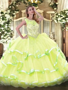  Yellow Green Organza Lace Up Sweet 16 Quinceanera Dress Sleeveless Floor Length Beading and Ruffled Layers