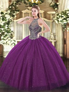 Fine Eggplant Purple Halter Top Neckline Beading 15th Birthday Dress Sleeveless Lace Up