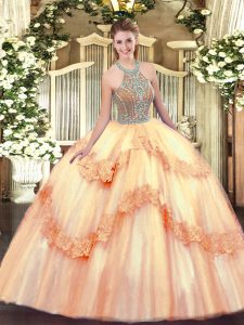 Perfect Peach Ball Gowns Halter Top Sleeveless Tulle Floor Length Lace Up Beading and Appliques Quince Ball Gowns