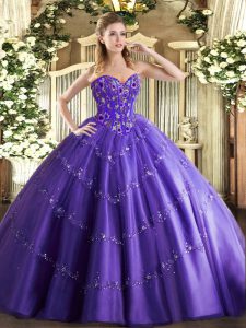  Purple Sweetheart Neckline Appliques and Embroidery Ball Gown Prom Dress Sleeveless Lace Up