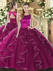  Ball Gowns 15 Quinceanera Dress Fuchsia Scoop Tulle Sleeveless Floor Length Lace Up