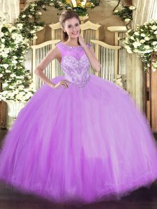 Dramatic Scoop Sleeveless Zipper Quinceanera Gowns Lavender Tulle