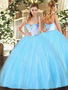 Top Selling Aqua Blue Sweetheart Lace Up Beading 15th Birthday Dress Sleeveless