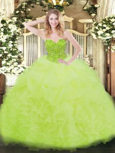 Sophisticated Sweetheart Sleeveless 15 Quinceanera Dress Floor Length Ruffles Yellow Green Organza