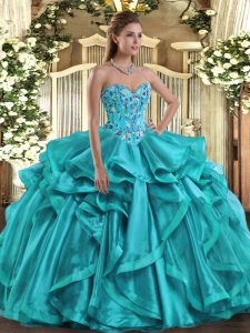 Fitting Floor Length Ball Gowns Sleeveless Teal Quince Ball Gowns Lace Up