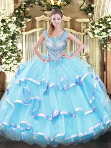 Decent Sleeveless Lace Up Floor Length Beading and Ruffled Layers 15 Quinceanera Dress