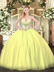 Adorable Floor Length Lace Up 15 Quinceanera Dress Yellow for Military Ball and Sweet 16 and Quinceanera with Beading