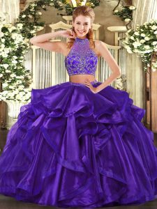 Clearance Two Pieces Sweet 16 Dresses Purple Halter Top Organza Sleeveless Floor Length Criss Cross
