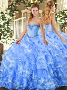  Floor Length Lace Up Quince Ball Gowns Baby Blue for Military Ball and Sweet 16 and Quinceanera with Beading and Ruffled Layers