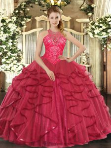 Romantic Coral Red High-neck Lace Up Beading and Ruffles Vestidos de Quinceanera Sleeveless