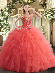 Suitable Watermelon Red Sweetheart Lace Up Embroidery and Ruffles 15th Birthday Dress Sleeveless