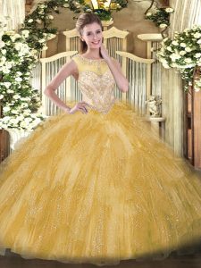 Luxurious Floor Length Gold Sweet 16 Dresses Organza Sleeveless Beading and Ruffles