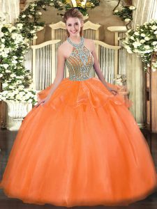 Simple Sleeveless Floor Length Beading and Ruffles Lace Up Quinceanera Gown with Orange Red