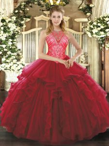  Wine Red Ball Gowns Ruffles Vestidos de Quinceanera Lace Up Organza Sleeveless Floor Length