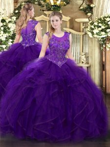 Perfect Purple Quinceanera Dresses Military Ball and Sweet 16 and Quinceanera with Beading and Ruffles Scoop Sleeveless Zipper