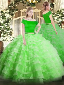 Superior Off The Shoulder Neckline Appliques and Ruffled Layers Quinceanera Gowns Short Sleeves Zipper