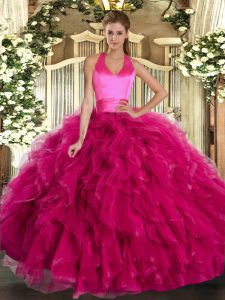  Fuchsia Ball Gowns Ruffles Quinceanera Gown Lace Up Organza Sleeveless Floor Length