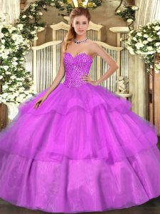  Lilac Ball Gowns Tulle Sweetheart Sleeveless Beading and Ruffled Layers Floor Length Lace Up Quinceanera Gown