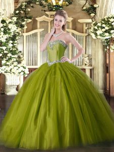  Sleeveless Tulle Floor Length Lace Up 15 Quinceanera Dress in Olive Green with Beading