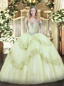  Yellow Green Sleeveless Tulle Lace Up Sweet 16 Quinceanera Dress for Military Ball and Sweet 16 and Quinceanera