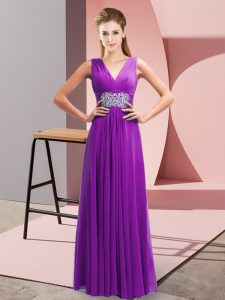  Empire Evening Dress Purple V-neck Chiffon Sleeveless Floor Length Side Zipper