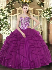 Dazzling Beading and Ruffles Quinceanera Dress Fuchsia Lace Up Sleeveless Floor Length