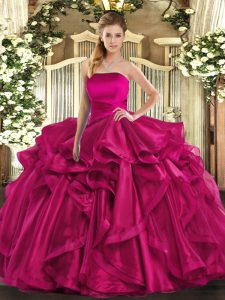 Elegant Hot Pink Strapless Neckline Ruffles 15 Quinceanera Dress Sleeveless Lace Up