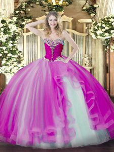 Charming Ball Gowns Quinceanera Gowns Fuchsia Sweetheart Tulle Sleeveless Floor Length Lace Up