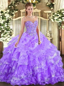  Sweetheart Sleeveless Vestidos de Quinceanera Floor Length Embroidery and Ruffled Layers Lavender Organza