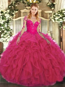  Floor Length Lace Up 15 Quinceanera Dress Hot Pink for Military Ball and Sweet 16 and Quinceanera with Lace and Ruffles