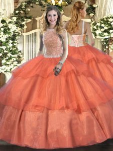 Noble Floor Length Orange Red Ball Gown Prom Dress High-neck Sleeveless Lace Up