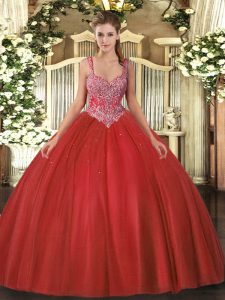  Beading Quinceanera Dresses Coral Red Lace Up Sleeveless Floor Length