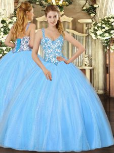  Floor Length Baby Blue Ball Gown Prom Dress Straps Sleeveless Lace Up