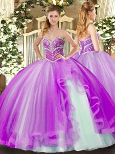 Discount Sleeveless Floor Length Beading and Ruffles Lace Up Quinceanera Gowns with Lavender