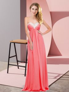 Noble Floor Length Lace Up Evening Dress Watermelon Red for Prom and Party with Ruching
