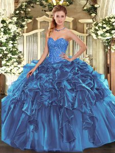 Fancy Blue Sleeveless Floor Length Beading and Ruffles Lace Up Quinceanera Dresses