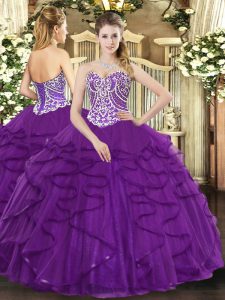  Purple Sleeveless Beading and Ruffles Floor Length Ball Gown Prom Dress