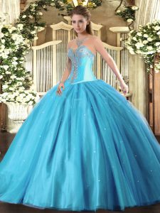 Fitting Floor Length Lace Up Quinceanera Gown Aqua Blue for Military Ball and Sweet 16 and Quinceanera with Beading