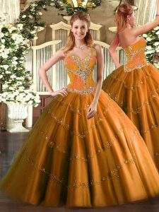 Glamorous Floor Length Orange Ball Gown Prom Dress Tulle Sleeveless Beading