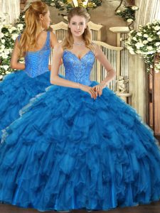  Beading and Ruffles Quinceanera Dresses Blue Lace Up Sleeveless Floor Length