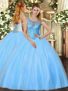 Popular Floor Length Baby Blue 15th Birthday Dress Scoop Sleeveless Lace Up