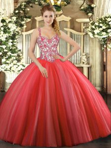  Ball Gowns 15th Birthday Dress Coral Red Straps Tulle Sleeveless Floor Length Lace Up