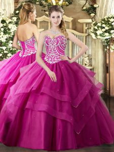 Charming Tulle Sweetheart Sleeveless Lace Up Beading and Ruffled Layers Sweet 16 Dress in Fuchsia