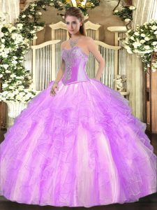 Great Lilac Sweetheart Neckline Beading and Ruffles Ball Gown Prom Dress Sleeveless Lace Up